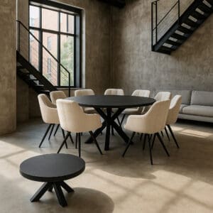 Moderne industriële woonkamer met een ronde zwarte eettafel op kruisvormige poten, omringd door acht beige gestoffeerde stoelen. Op de voorgrond staat een lage zwarte salontafel met dezelfde pootconstructie. De ruimte heeft betonnen muren, een grote raampartij en een zwarte metalen trap.