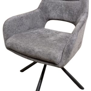 Grijze draaibare eetkamerstoel met armleuningen en zwarte metalen poten