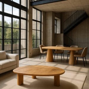 Moderne industrieel ingerichte woonkamer met hoge ramen, een beige bank, een ovale mangohouten salontafel en een bijpassende mangohouten eettafel met gestoffeerde stoelen.